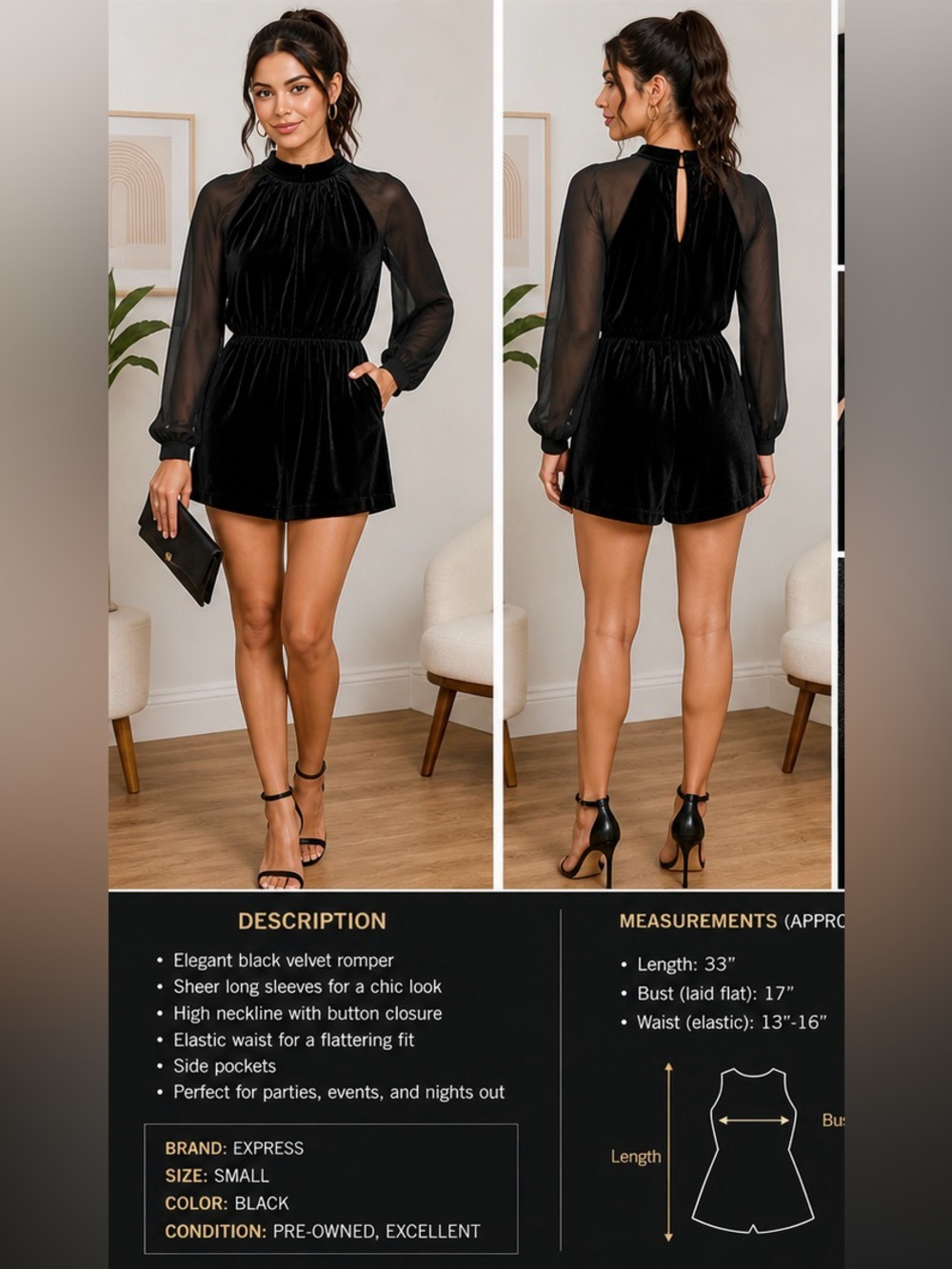 Express Black Velvet Romper Sheer Long Sleeve High Neck Size Small Party Outfit